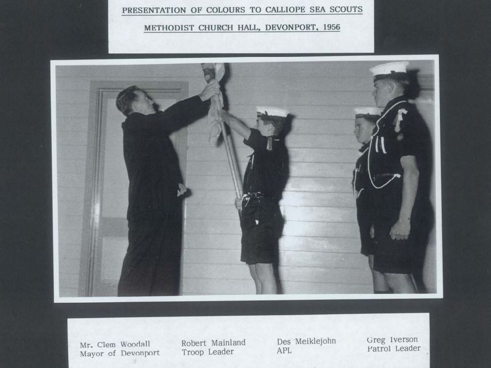 Presentation of colours to Calliope at Methodist church hall (1956)